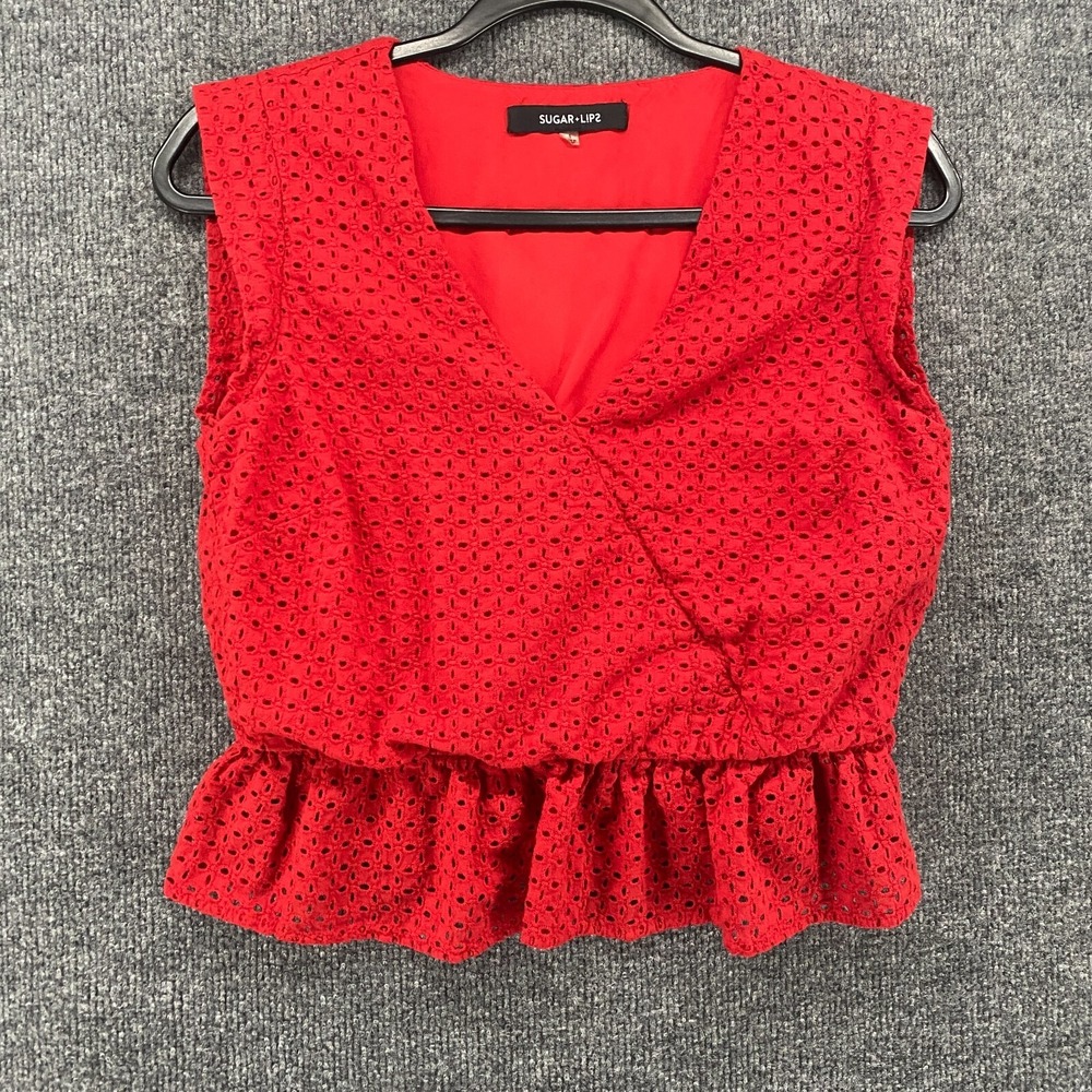 Sugar Lips Blouse Top Womens S Red Eyelet V-Neck Cropped Festival Cottagecore
